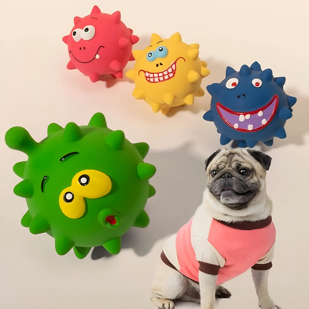Set of four colourful natural latex squeaky dog balls with cute faces on a blue, green, red, and yellow background