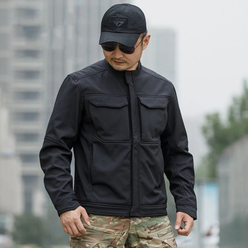 Black soft shell tactical jacket for mountaineering and camping, showing cardigan style and windproof design.