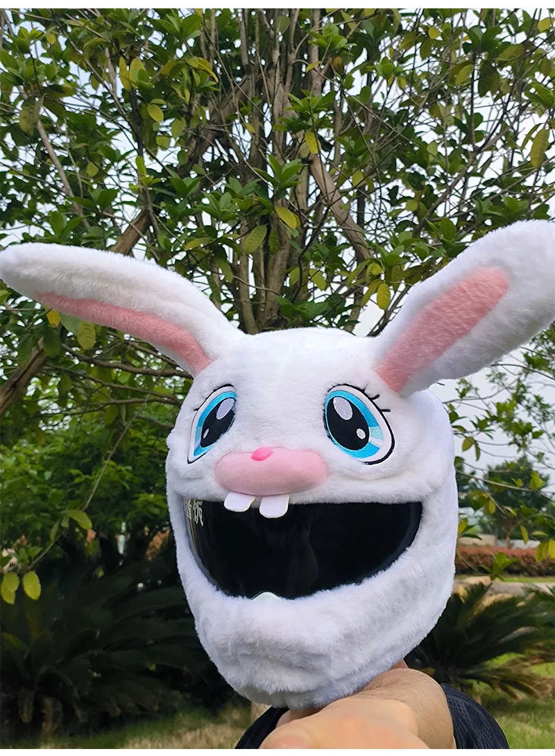 White rabbit head decorative cover for electric motorcycle helmet with plush fabric and long ear design