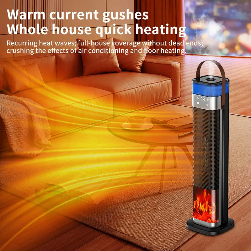 Tall, slim vertical heater in upgraded colour with remote control on a wooden floor.