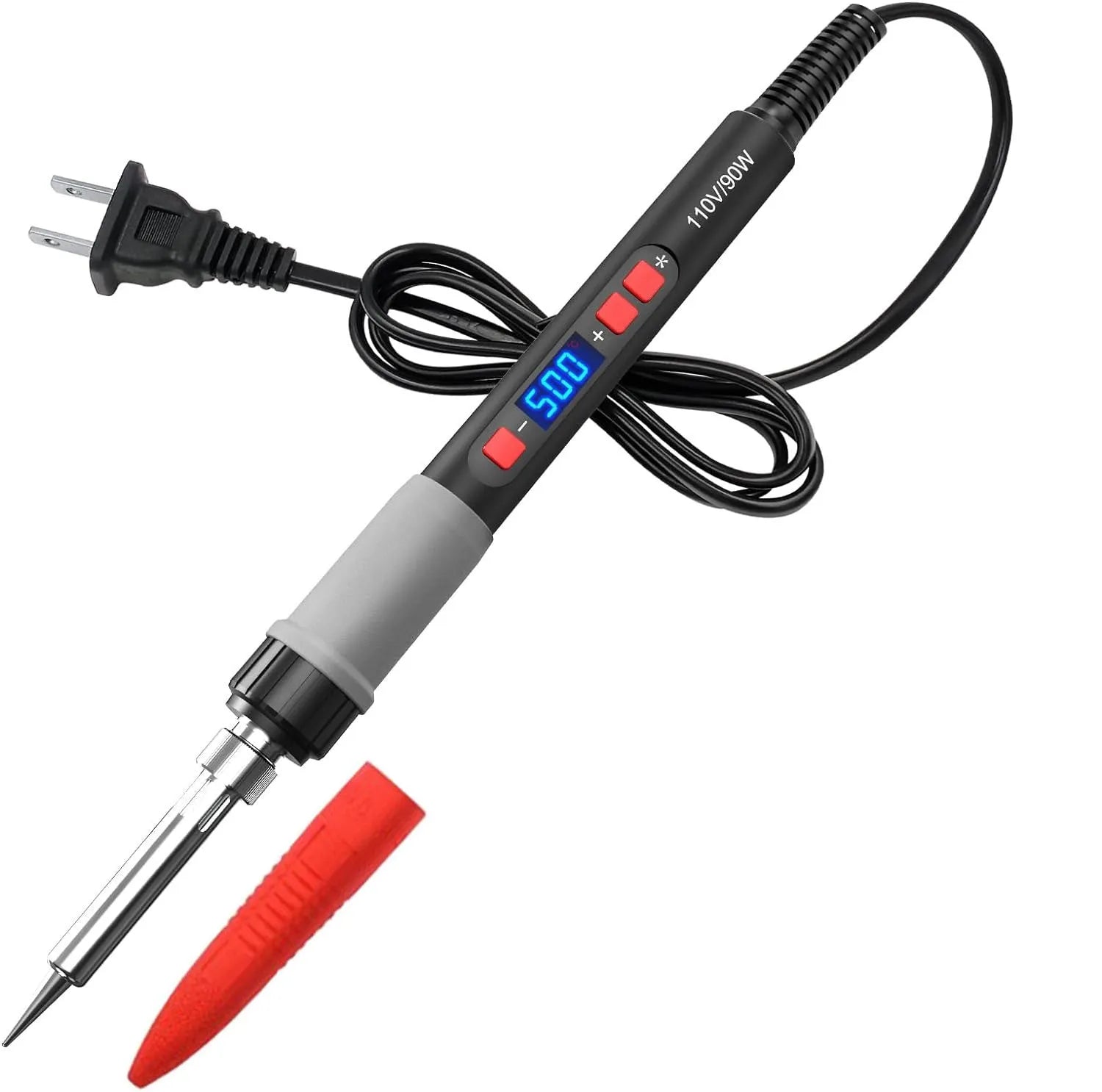 Grey 90W electric soldering iron with adjustable temperature control, ceramic heating core, and UK/US plug