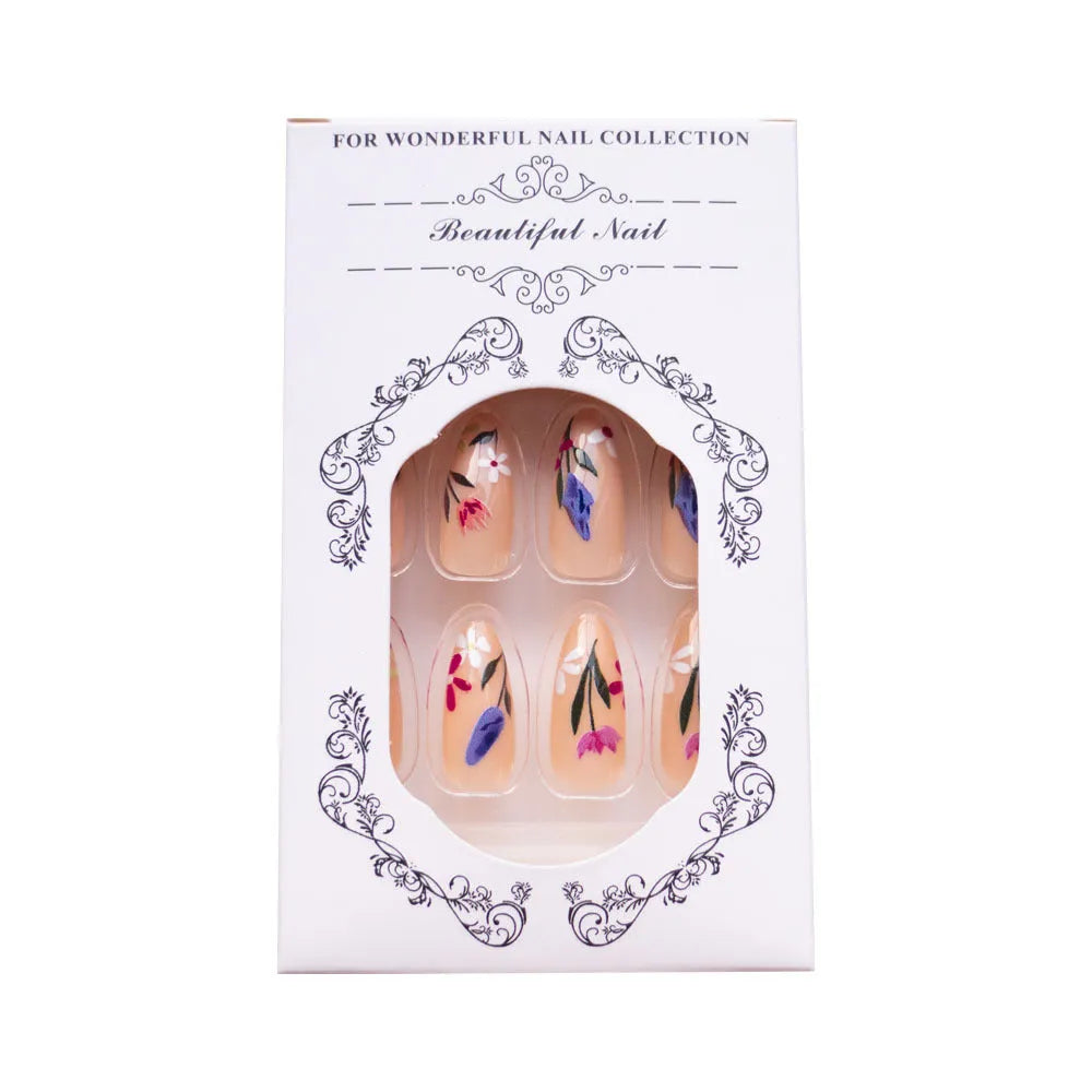 Almond-shaped removable flower nail art set with rose pattern in solid colour base, available with bare strip or jelly glue accessories