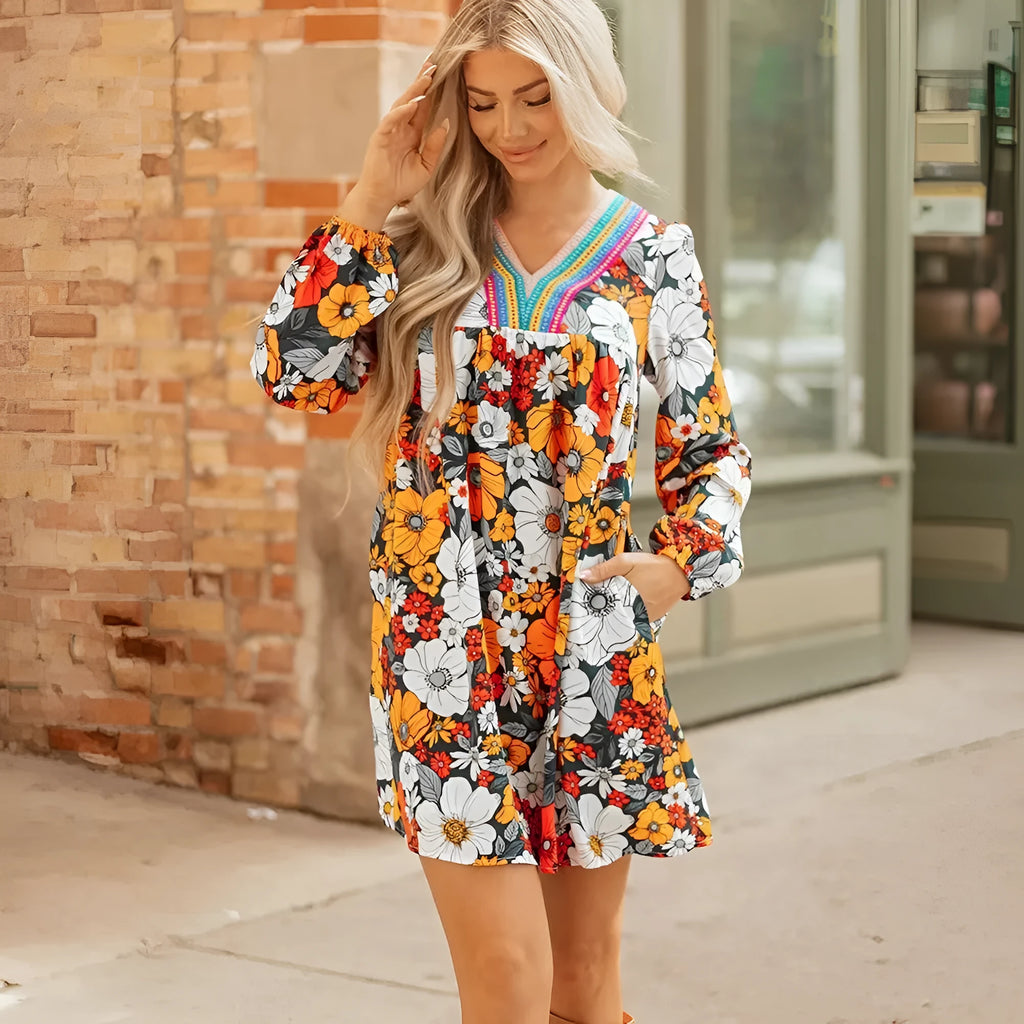 Orange floral and striped lace print V-neck mini dress with long sleeves