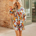 Orange floral and striped lace print V-neck mini dress with long sleeves