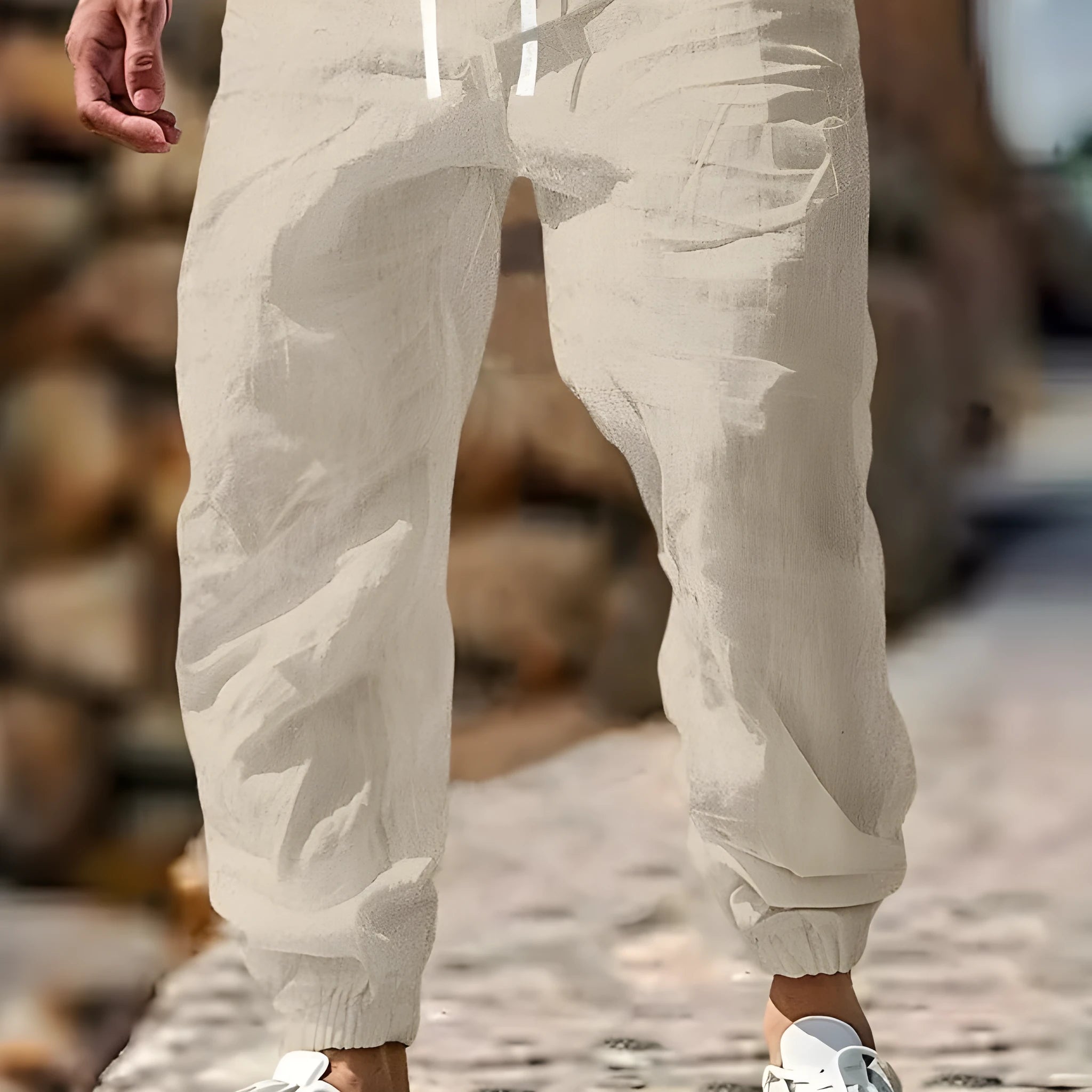 Men's cotton linen trousers with elastic waist in straight leg fit, shown in Army Green colour