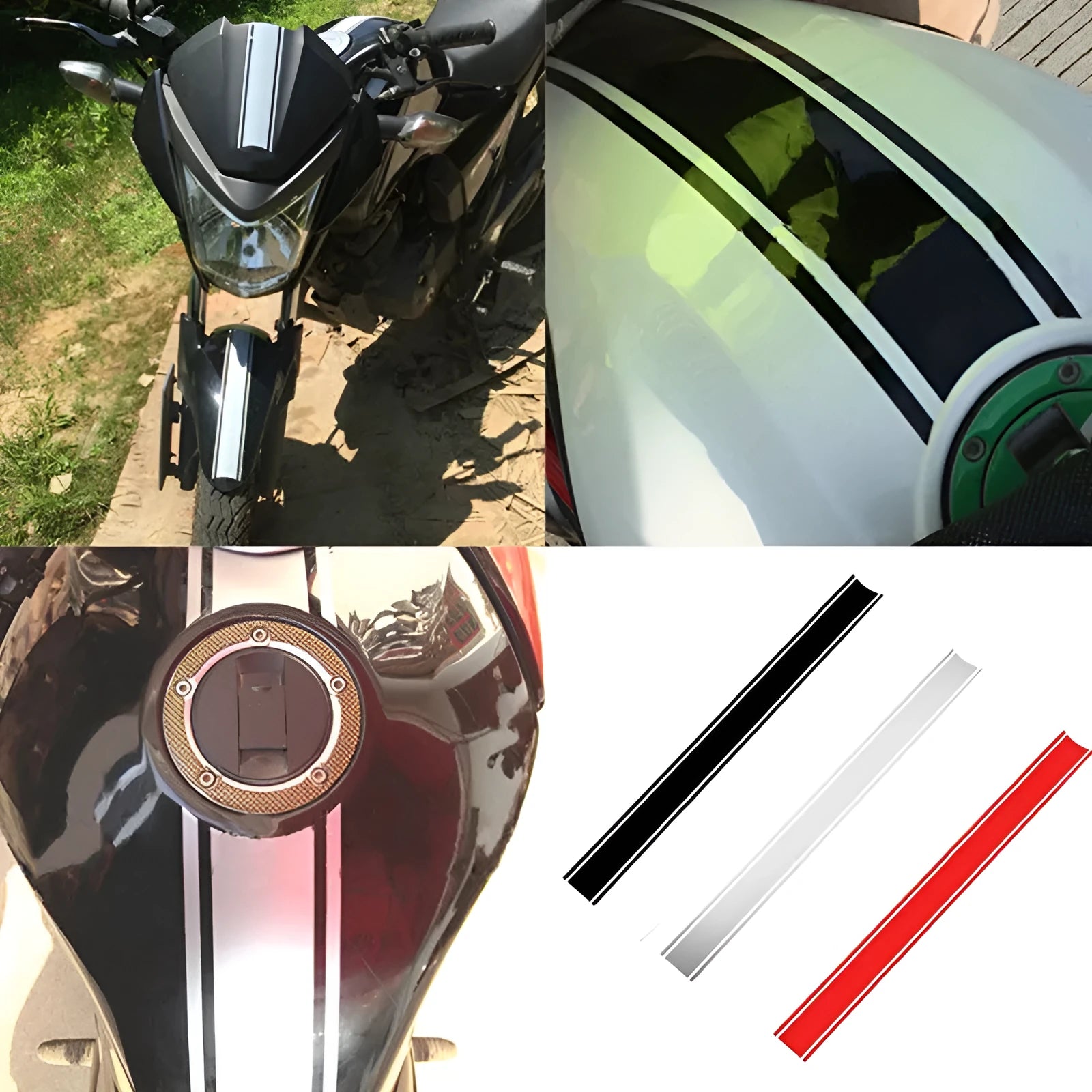 Motorcycle gas tank lid reflective pinstripe stickers in four colours measuring 50x4.5cm