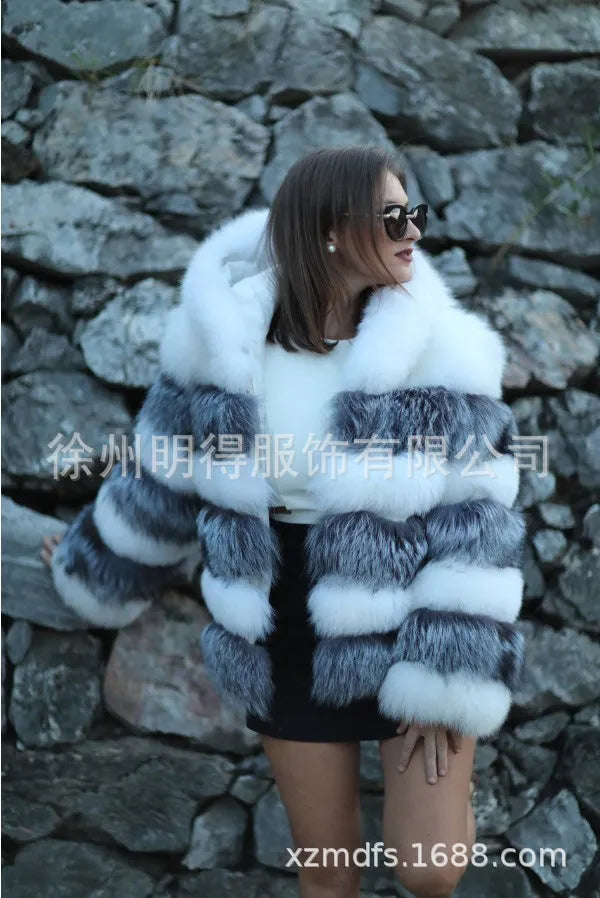 Women's artificial fur hooded coat in street fashion style showing medium 65cm length