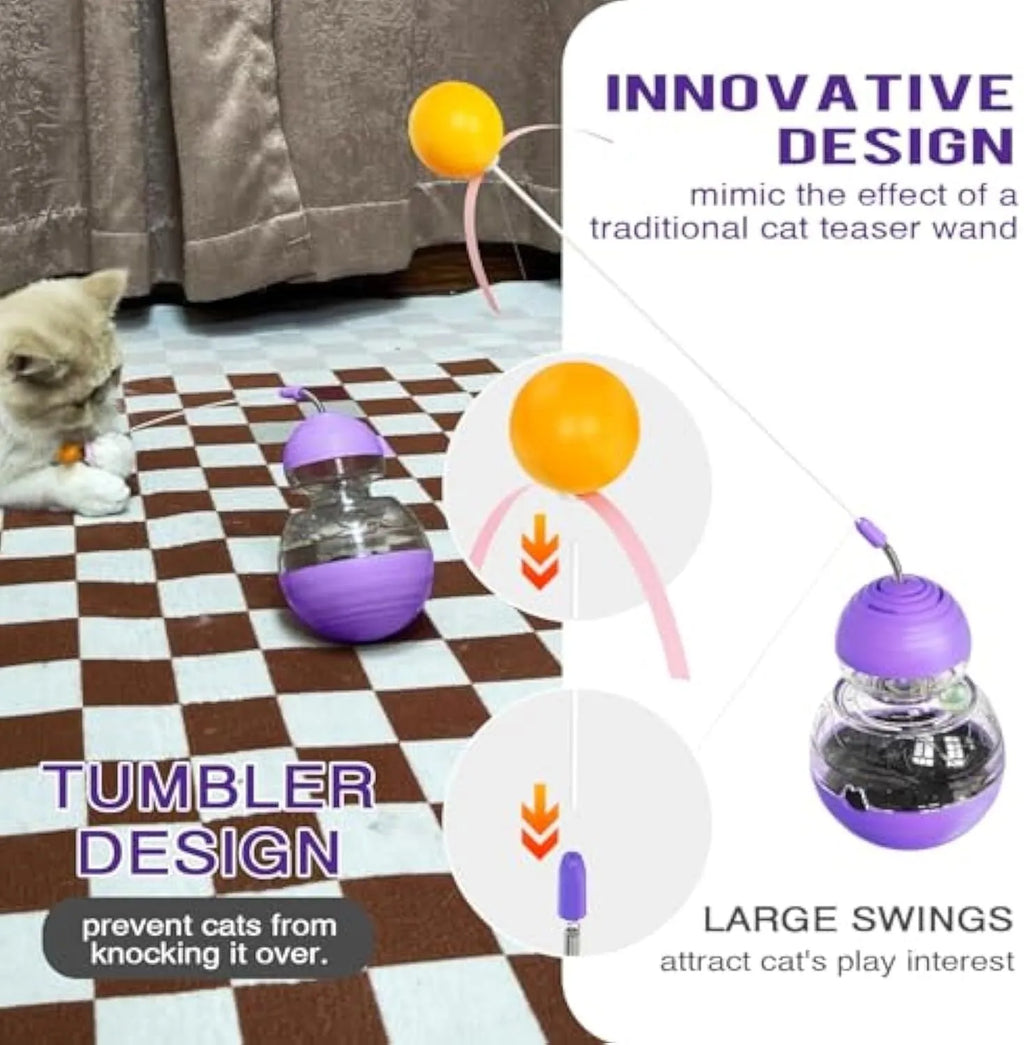 Multifunction cat interactive toy wand with slow feeder in pink, purple or yellow colours