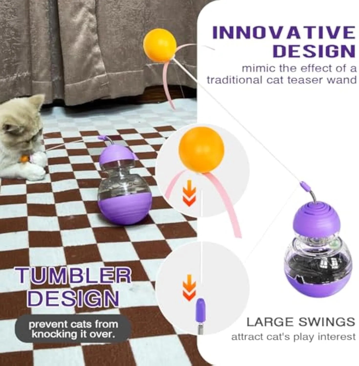Multifunction cat interactive toy wand with slow feeder in pink, purple or yellow colours