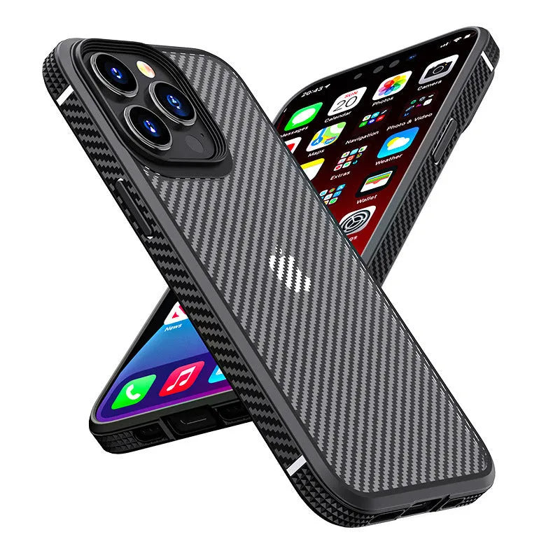 Anti-fall TPU and PC phone case for iPhone 13 series with carbon fibre pattern, black colour option