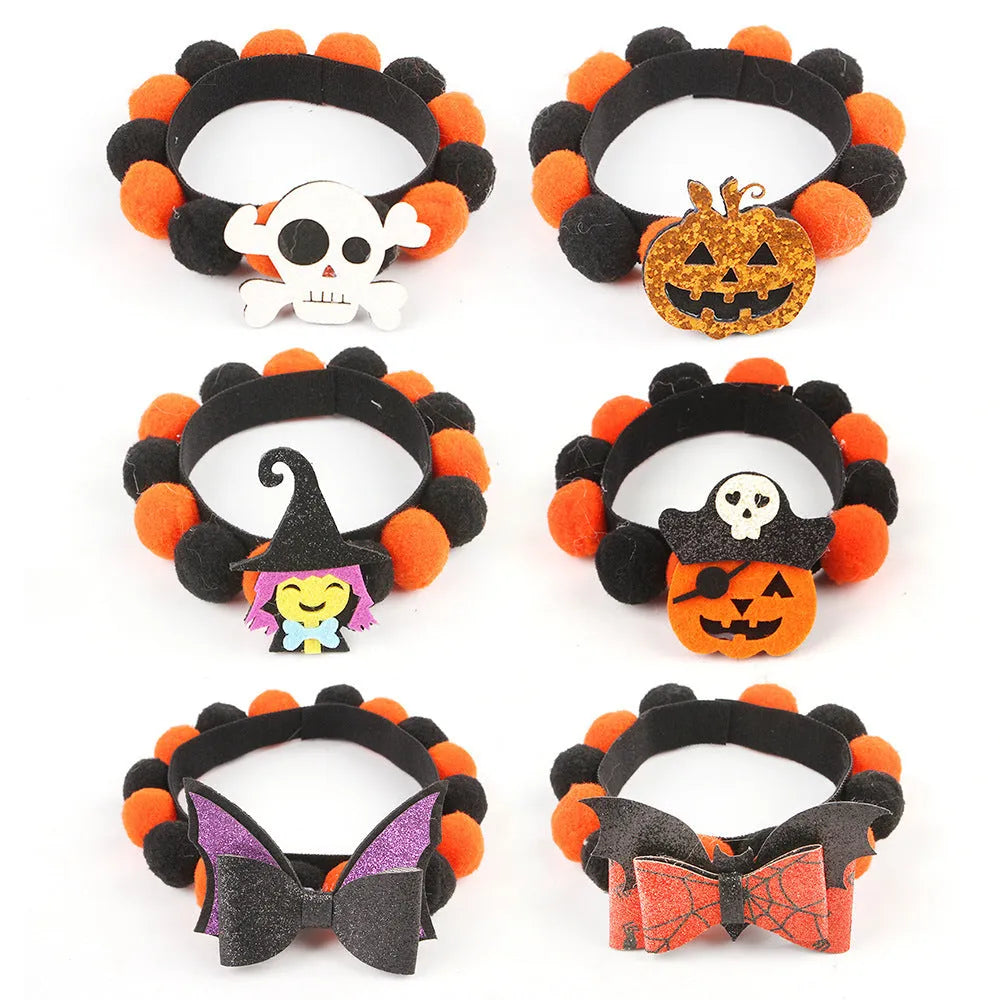 Halloween pet fur ball collar in coarse powder pumpkin colour on a cat, with soft textured design