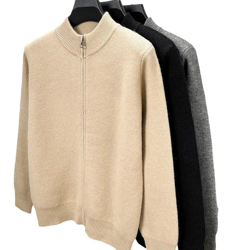 Men's grey stand collar knitted zip cardigan with a loose, thickened fit on a hanger.