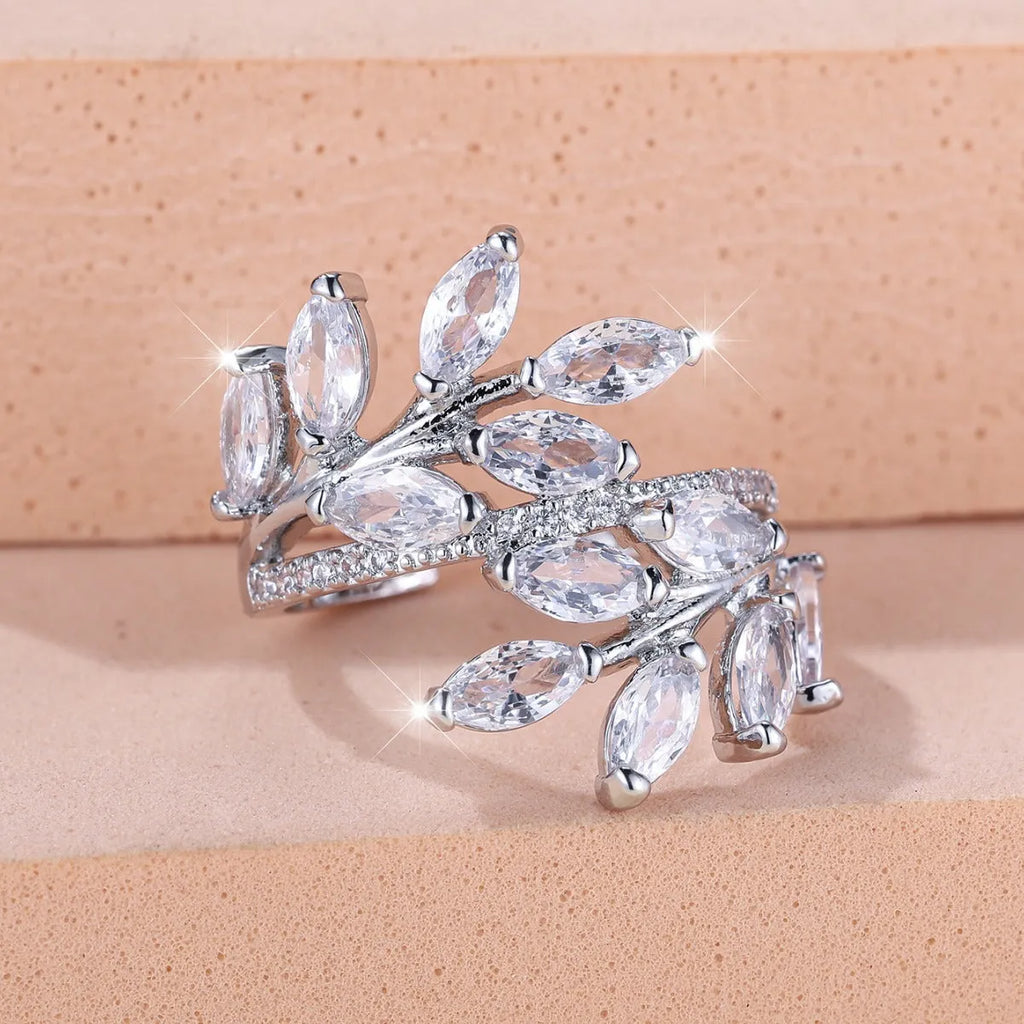 Adjustable horse eye zircon leaf fashion ring in copper with cubic zirconia stones