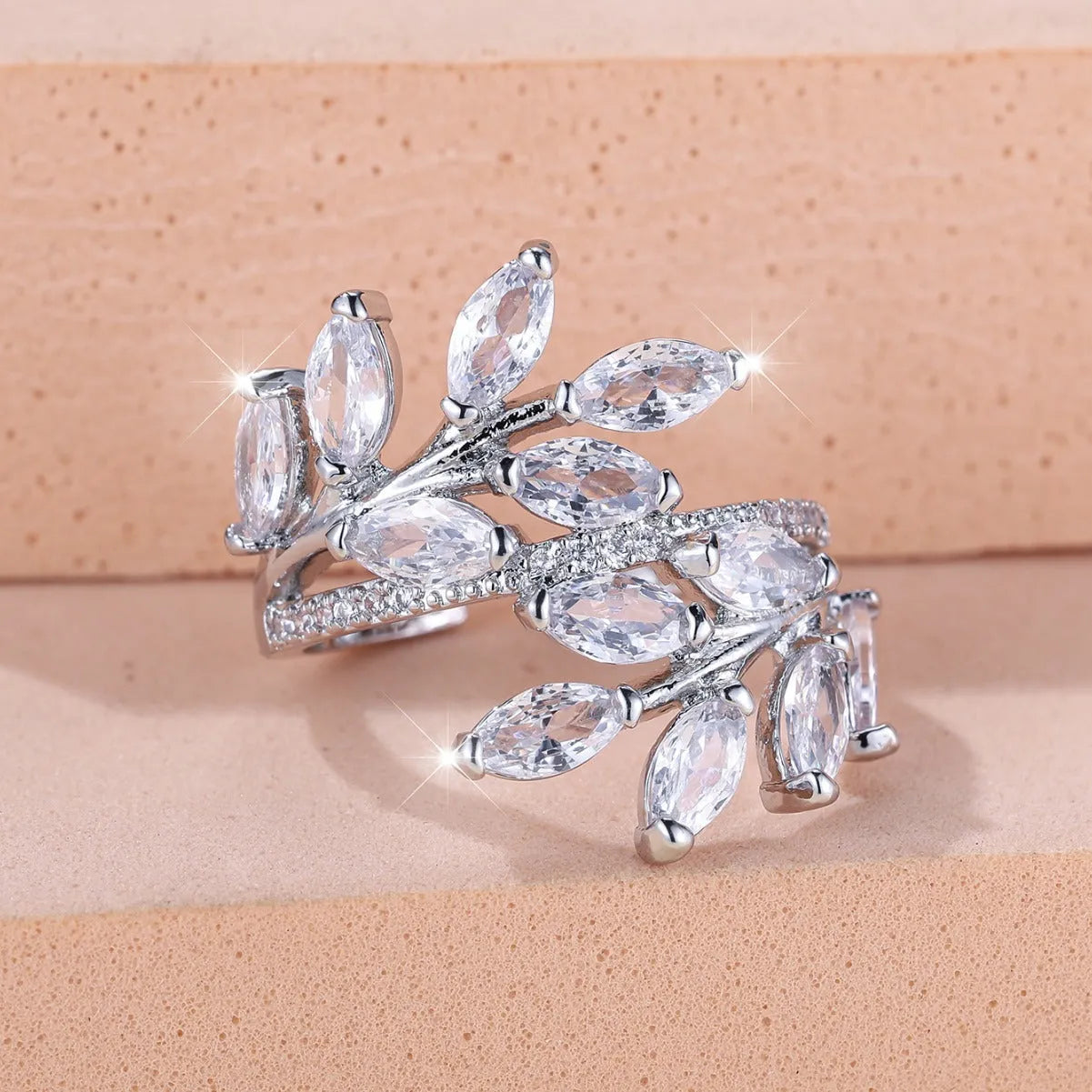 Adjustable horse eye zircon leaf fashion ring in copper with cubic zirconia stones