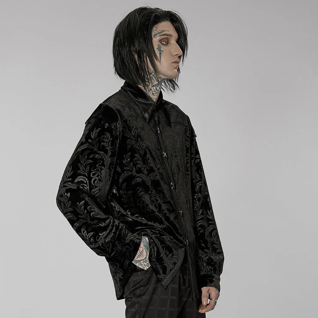 Gothic Court black velvet men's shirt with pointed collar and decorative fasteners