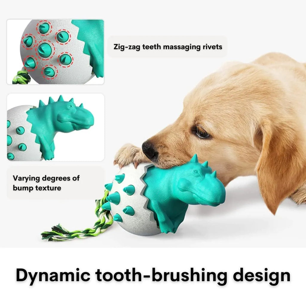 Blue dinosaur-shaped dog chew toy with rubber nubs and a rope tail for aggressive chewers.