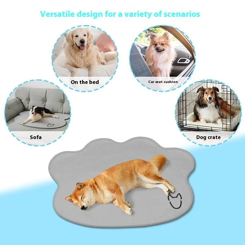 Ice silk dog cooling mat with dog head shaped design in light grey on a wooden floor.
