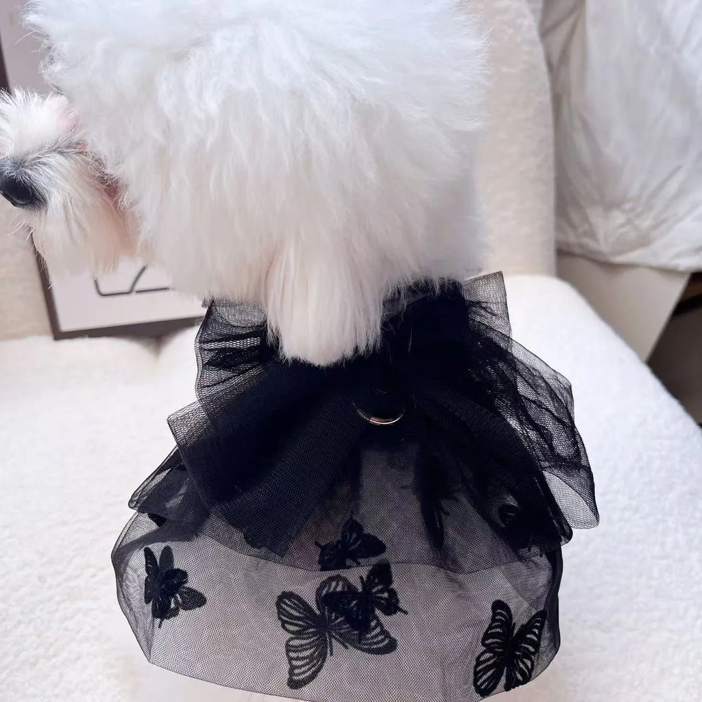 Black gauze princess tulle skirt for small dogs and cats with size chart showing XS to XL options
