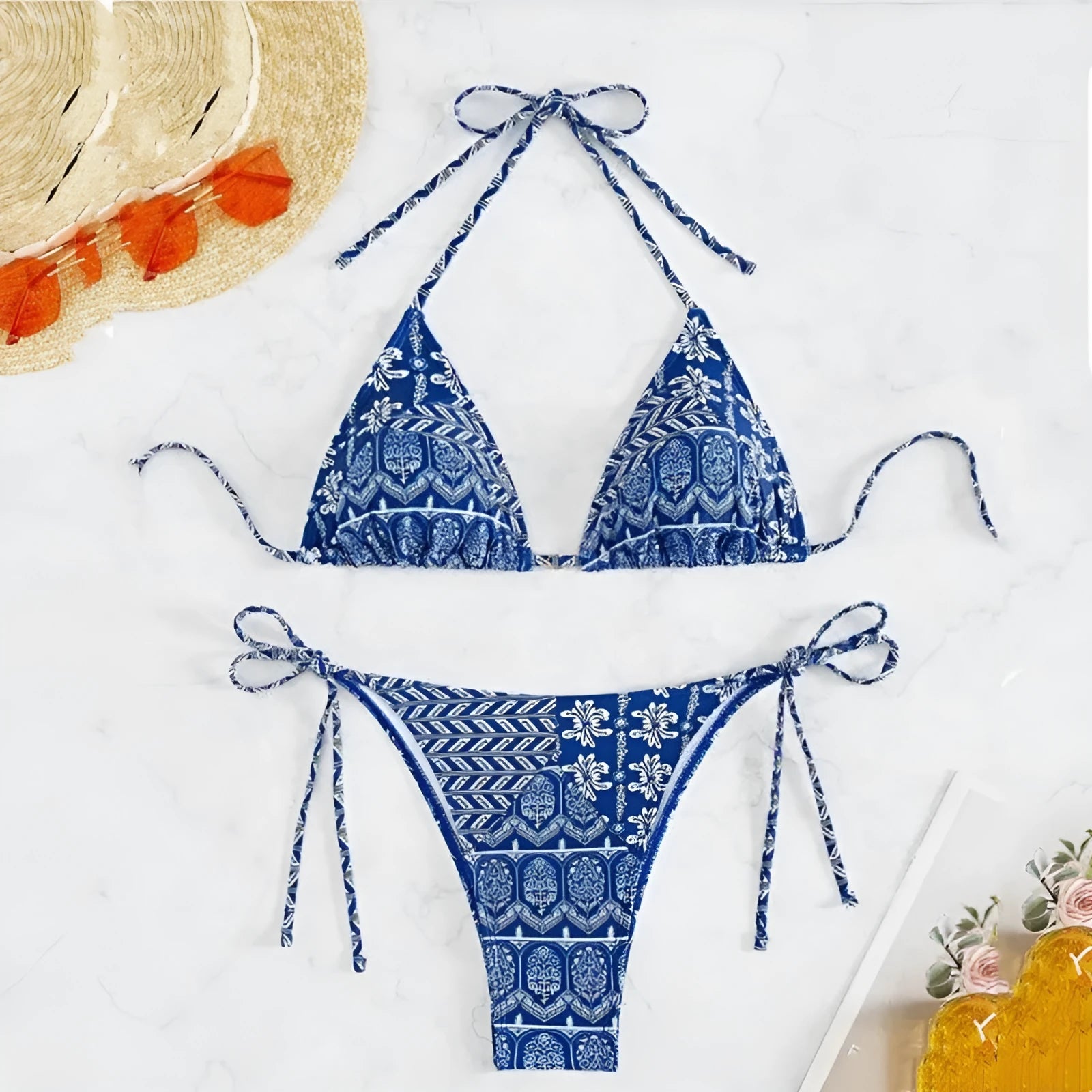 Women's bandage design bikini swimsuit with printing stitching detail in polyester material