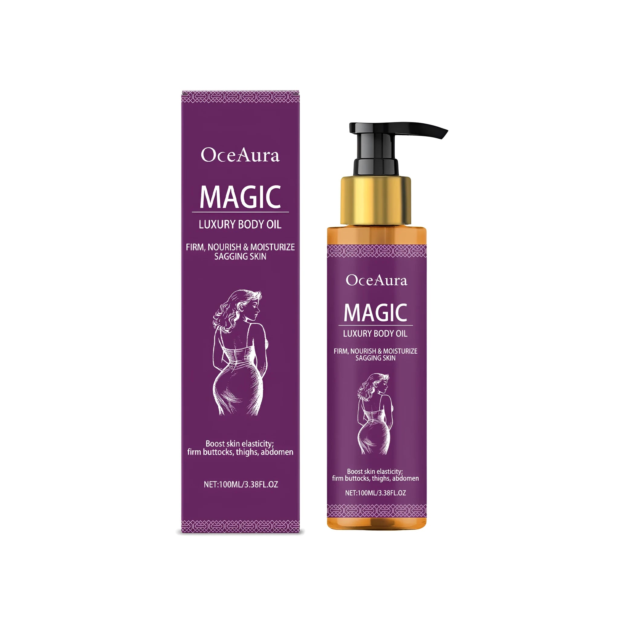 100ml bottle of luxury tightening body oil with a blend of botanical oils including sweet almond and rose hip.