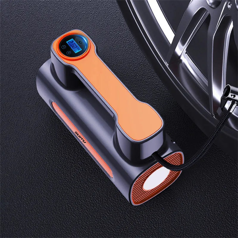 Cordless tyre inflator with digital display, ABS body, and USB charging port on a flat surface