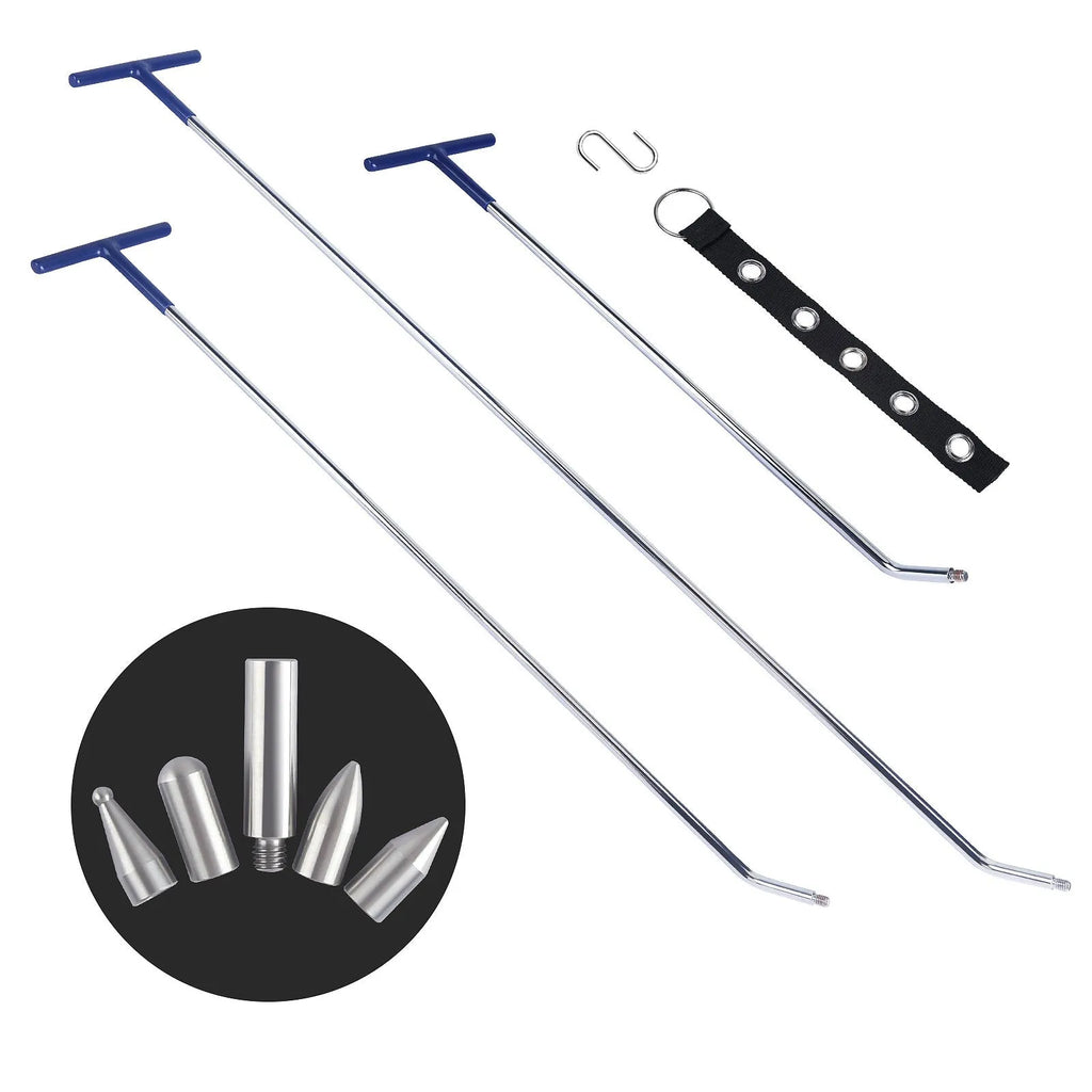 Three-piece alloy steel car dent repair tool set with hook and crowbar on a workshop bench.