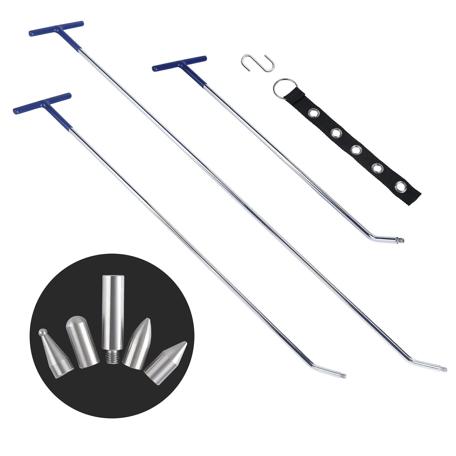 Three-piece alloy steel car dent repair tool set with hook and crowbar on a workshop bench.