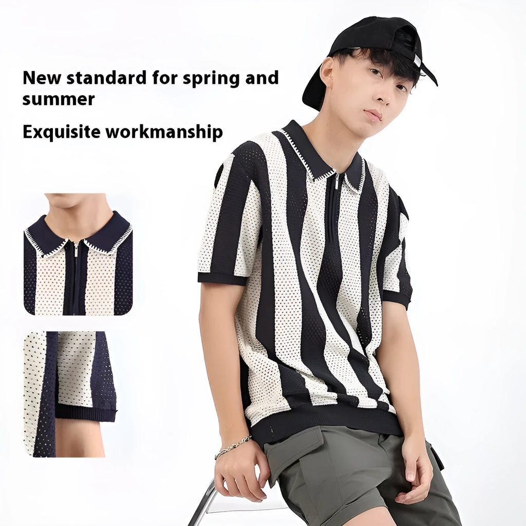 Men's striped short sleeve sweater with chest zipper details in ice silk viscose fabric