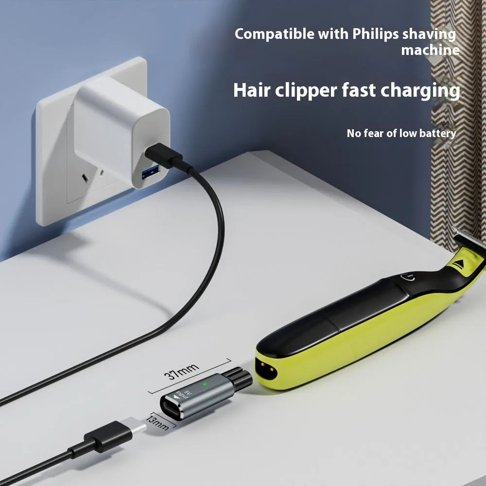 USB-C charging adapter for electric shavers with aluminium alloy housing in black and grey options