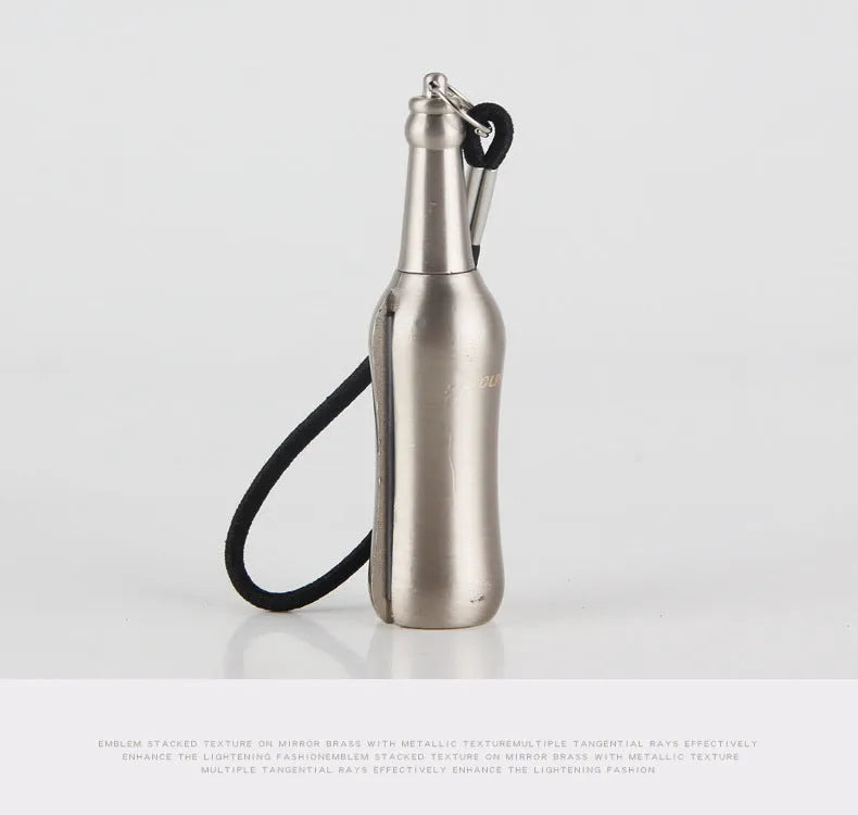 Creative metal keychain lighter with flint strike, bottle opener, and key ring in black nickel finish
