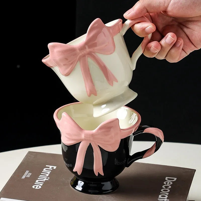 Original girl heart bow design ceramic mug in white powder or black pink colour with 301-400ml capacity