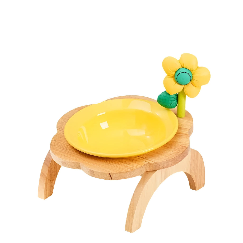 Flower shaped ceramic cat food bowl with wood stand in multi colour, 200ml capacity, 14.7cm diameter