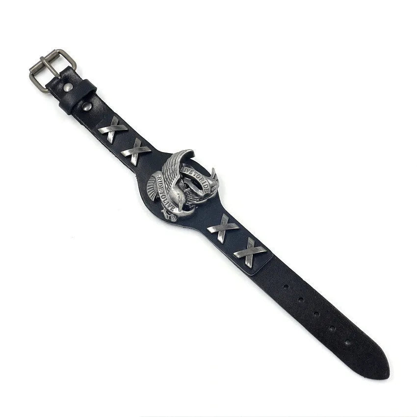Black leather bracelet with alloy eagle watch-style clasp, geometric shape design