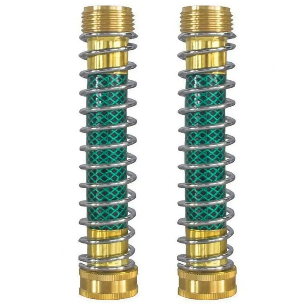 Brass garden hose connector with a visible silver spiral spring and 3/4 inch threaded ends.