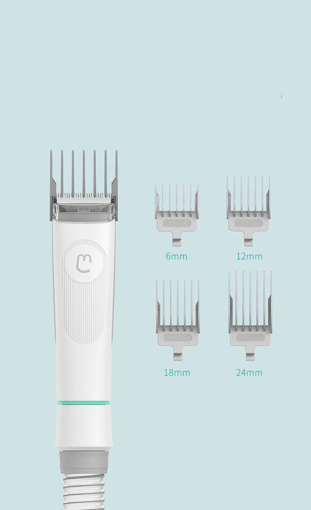 Pet multifunctional groomer in white with hair clipper, electric scissors, and accessories on surface