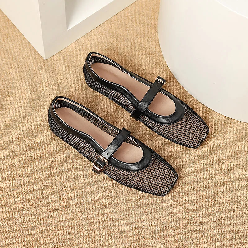 Women's beige mesh buckle pumps with a square toe and flat sole on a white background.