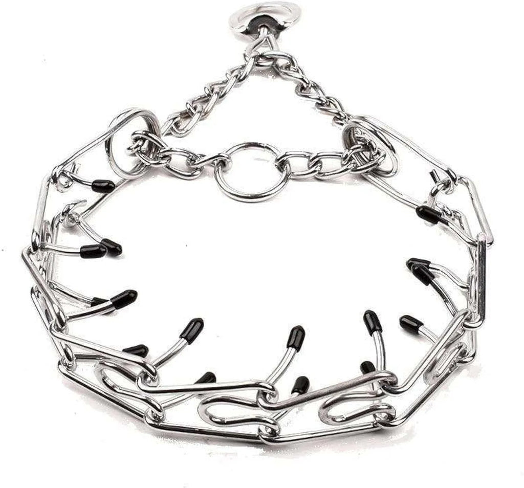 Stainless steel dog prong training collar with rubber tips on adjustable metal links.