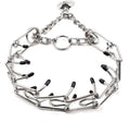 Stainless steel dog prong training collar with rubber tips on adjustable metal links.