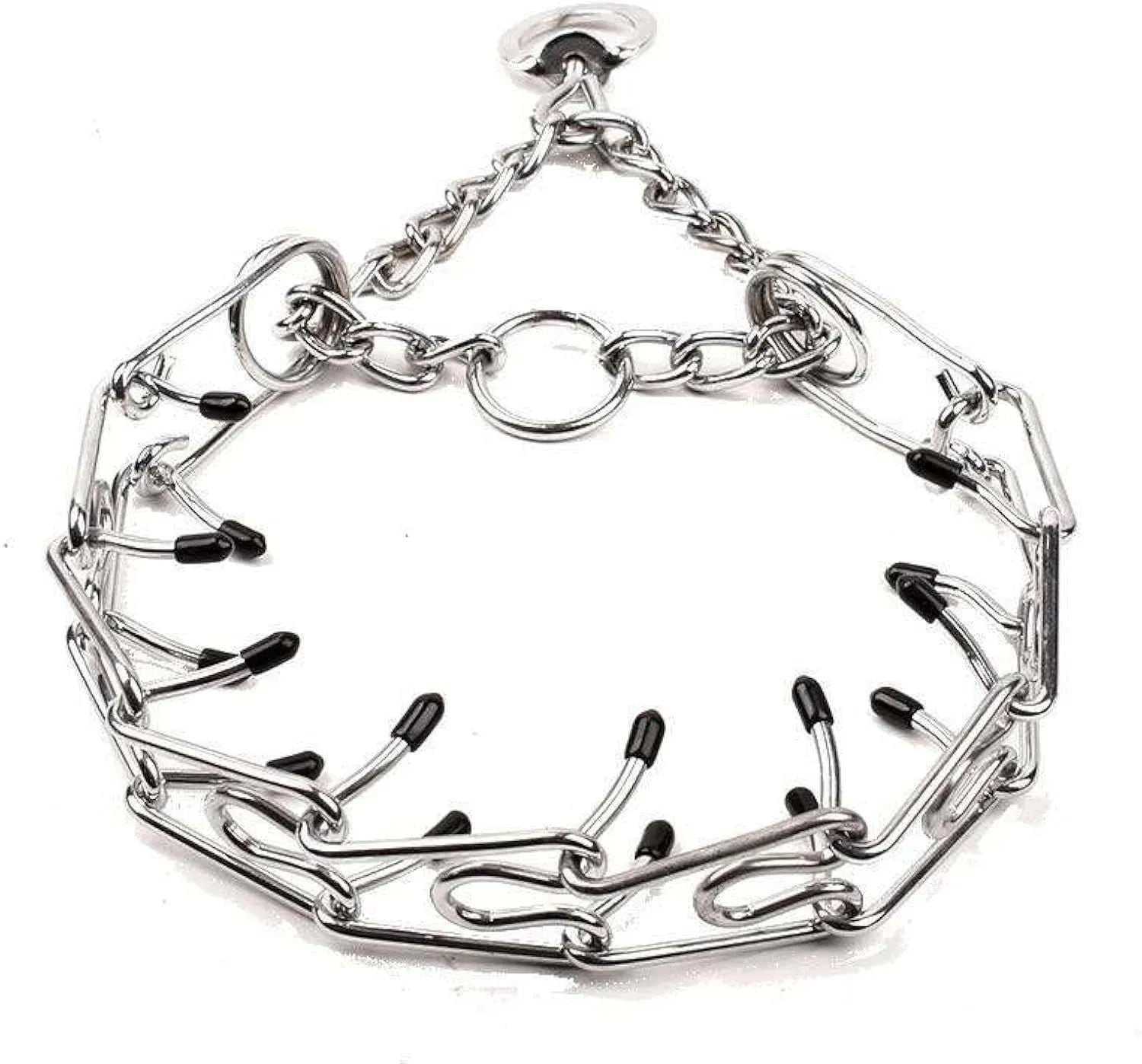 Stainless steel dog prong training collar with rubber tips on adjustable metal links.