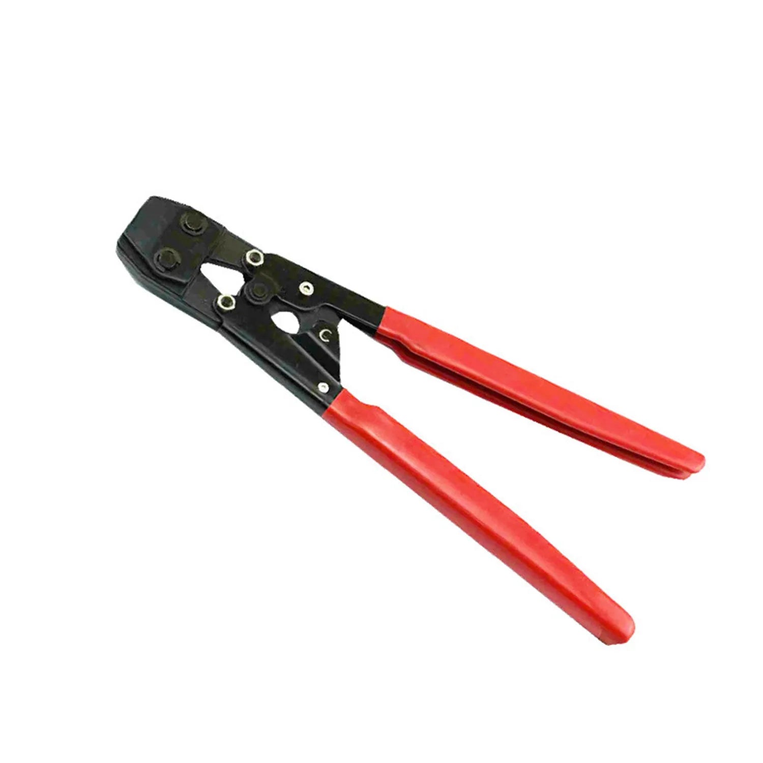 Single ear metal clamp with carbon steel cutting edge and red cloth handle for PEX pipe applications
