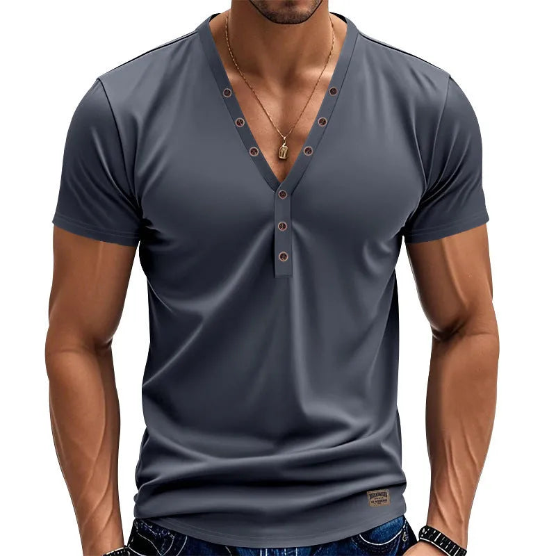 Men's loose fit V-neck pullover top with button design in chemical fibre blend fabric