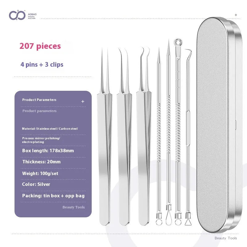 Four-piece stainless steel acne needle set with ultra-fine pointed tips and extraction clip on silver background