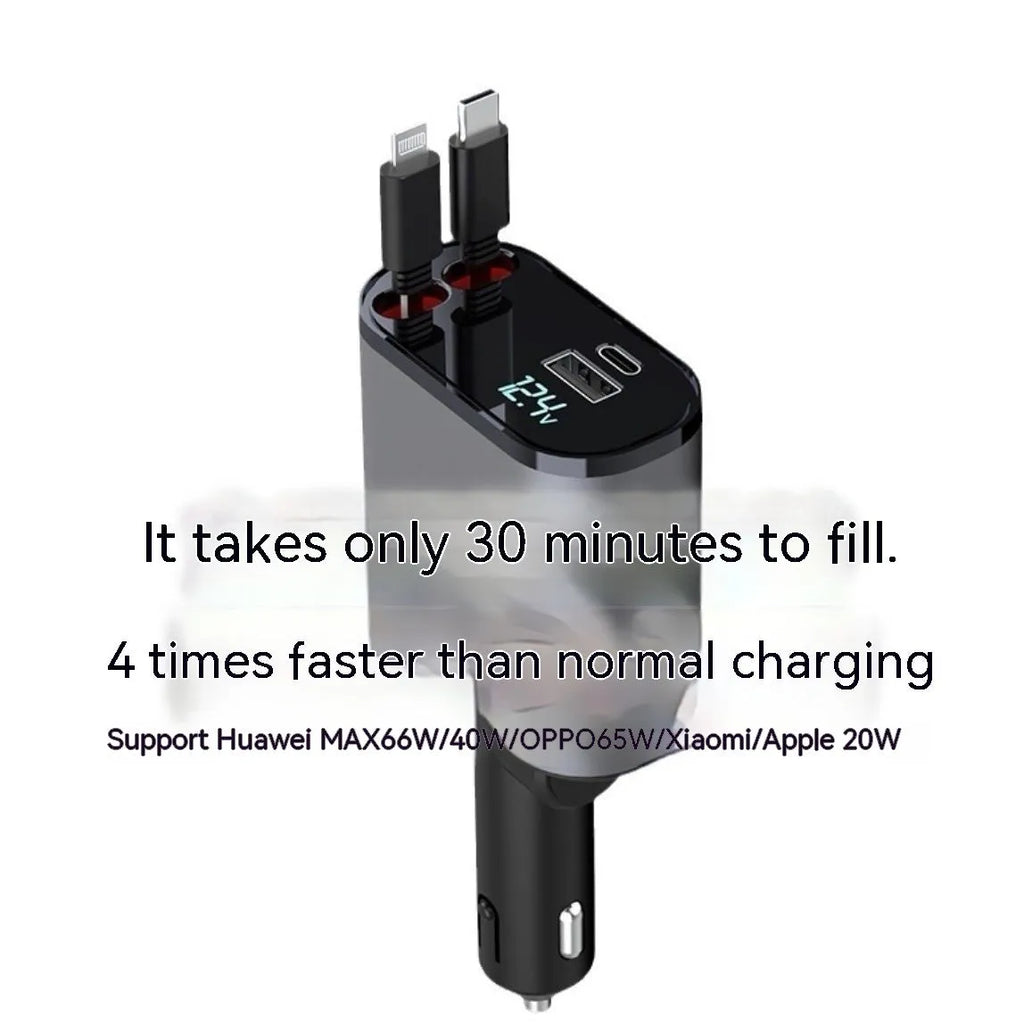 Car charger with retractable cable plugged into vehicle cigarette lighter socket