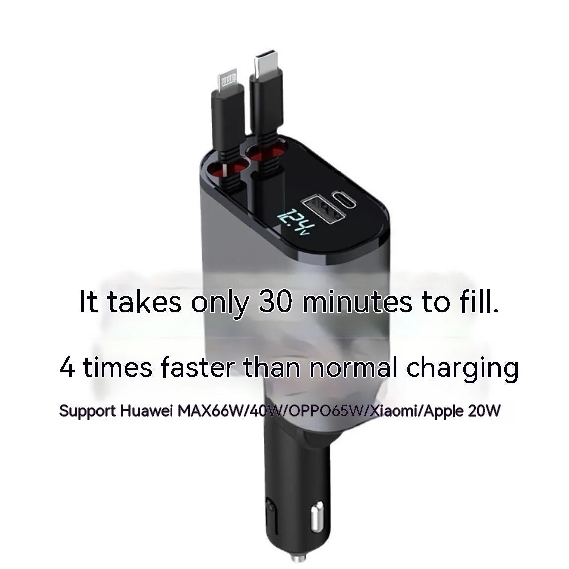 Car charger with retractable cable plugged into vehicle cigarette lighter socket