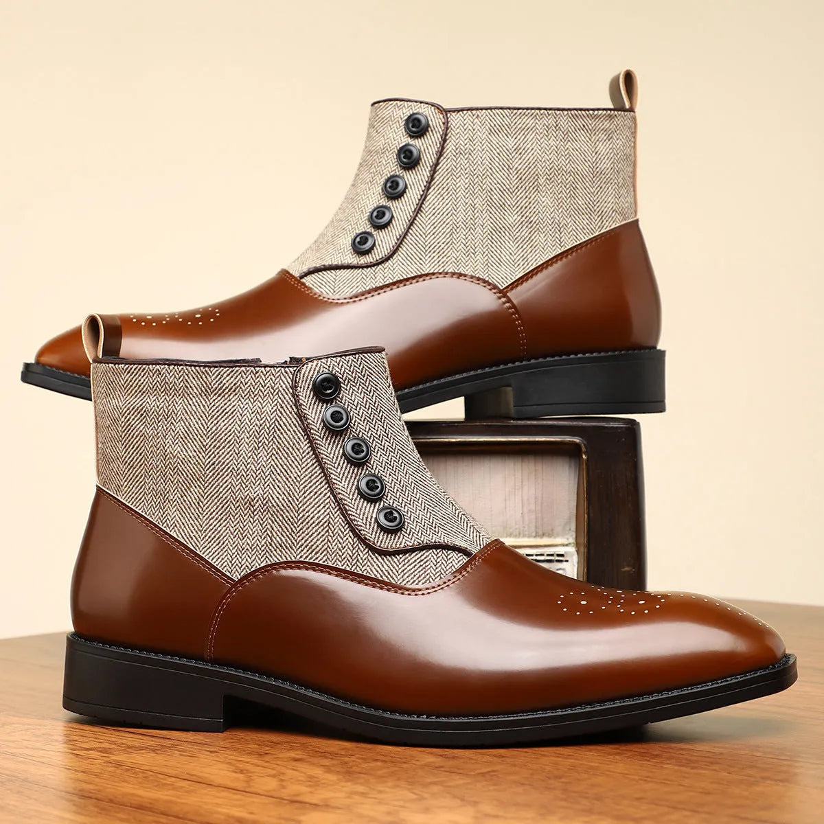Brown retro-style men's formal business shoes with a side zip and square toe.