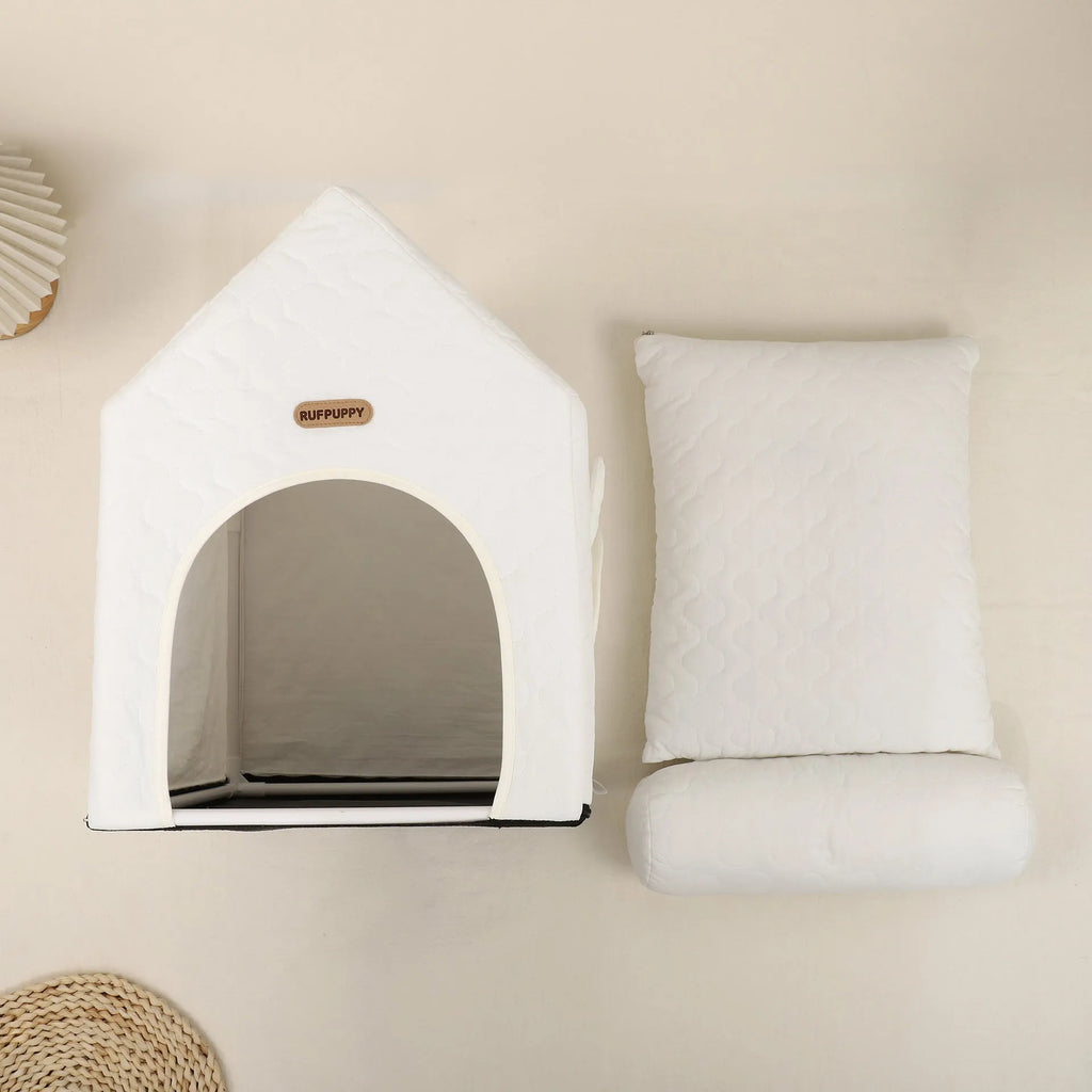 Closed pet house in white polyester, 55x38x48cm, for cats and small dogs up to 6 kg