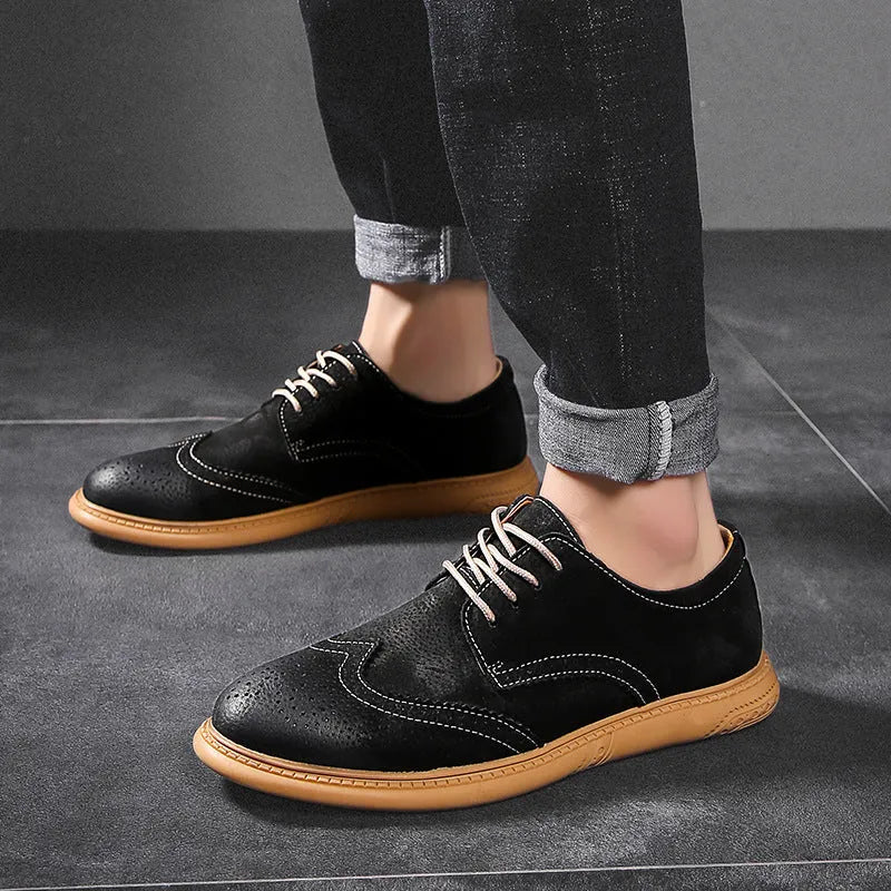 Men's black genuine leather low-top business shoes with lace-up front and rubber sole.