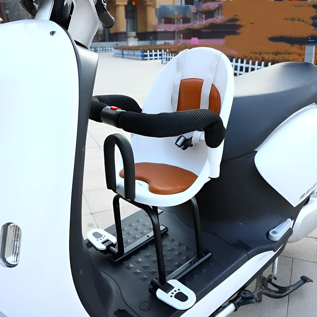 Front-mounted high carbon steel child seat for battery scooters in black, red, or white.