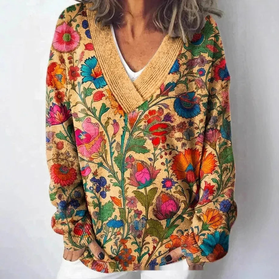 Women's floral print V-neck long sleeve sweatshirt with 3D pattern effect