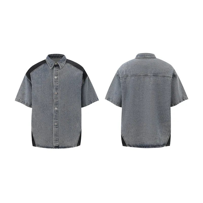 Retro washed denim suit set comprising a short-sleeve jacket and full-length trousers in blue.